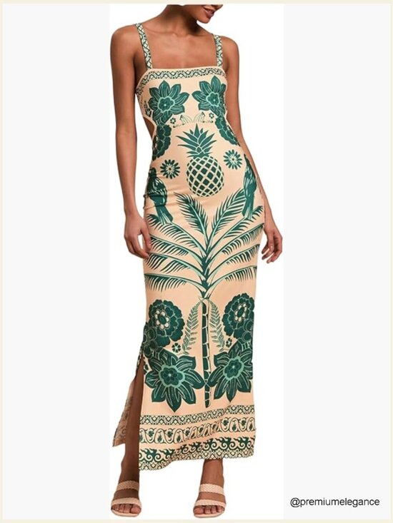 Dresses & Skirts - Sleeveless Maxi Dress with Tropical Print, Tie Back, and Side Split